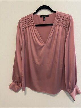 White House Black Market Dusty Rose Satin V-Neck Blouse